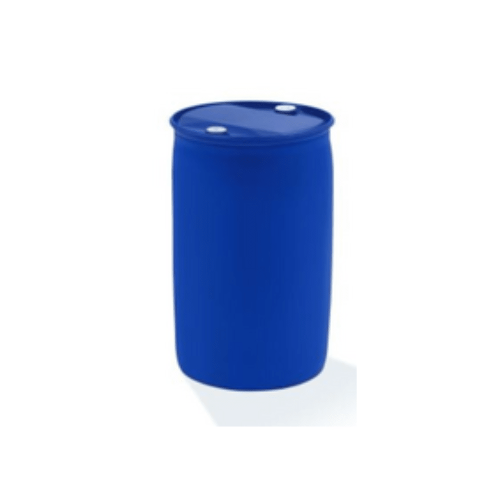 A blue plastic drum with the label Dr. Schnell PRIMA TEX from DR.SCHNELL GmbH & Co. KGaA, with a closed lid and two small caps, stands upright on a white background, ideal for storing professional cleaning agents.