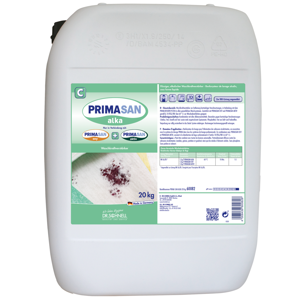 Ein weißer 20-kg-Kunststoffbehälter mit der Aufschrift "Dr. Schnell PRIMA SAN ALKA" der DR.SCHNELL GmbH & Co. KGaA, ein alkalischer Reiniger für den professionellen Gebrauch, mit Anleitungen, Logos, einer Abbildung eines verschmutzten Tuchs und Sicherheitshinweisen für gewerbliche Anwendungen.