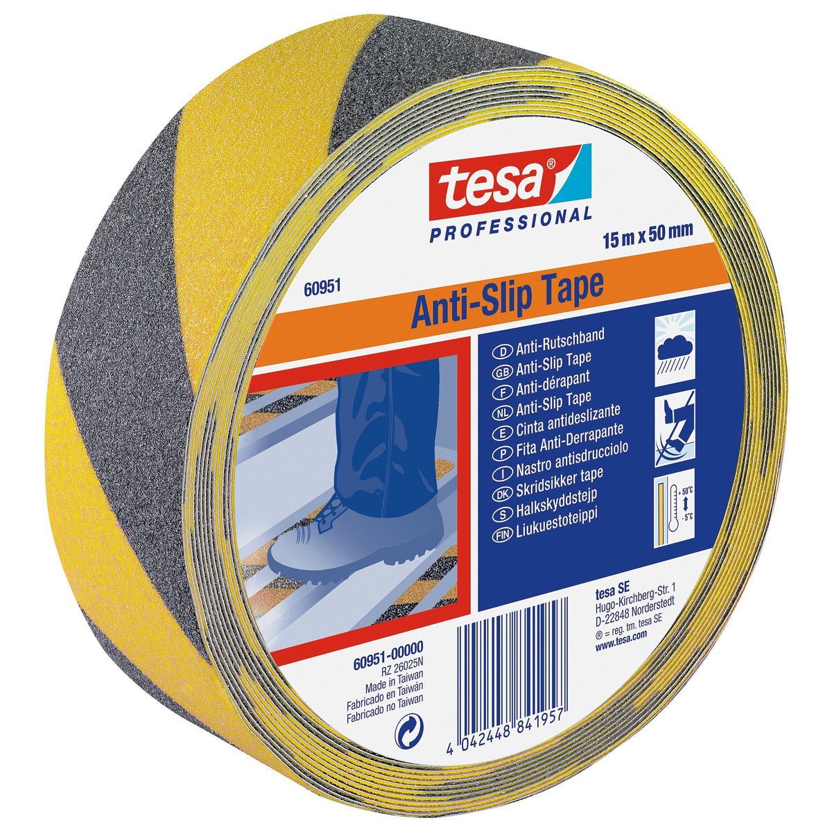 tesa Professional 60951 Anti-Slip Tape, Black/Yellow, 15 m x 50 mm, Black-Yellow