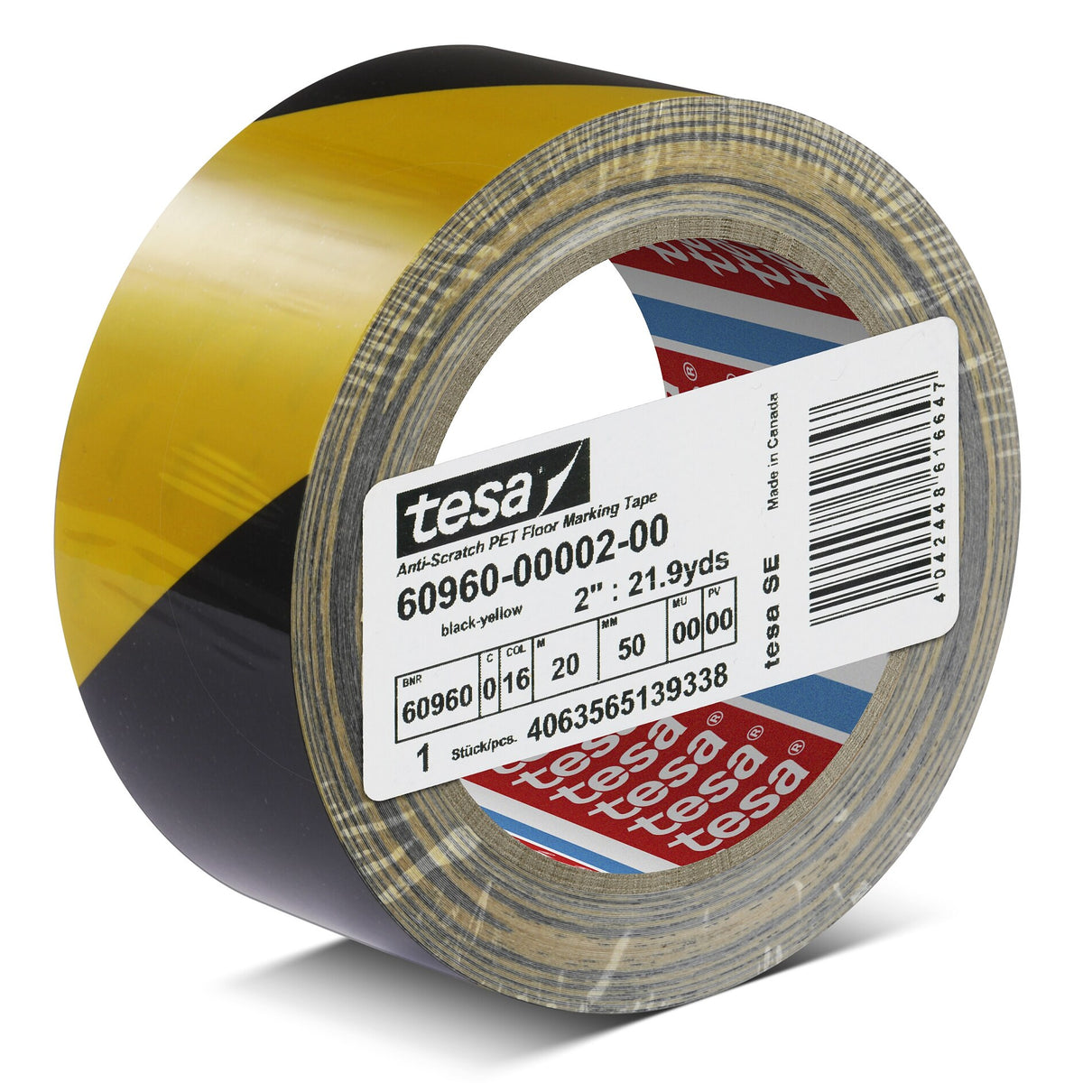 tesa 60960 Scratch-Resistant PET Floor Marking Tape, 20 m x 50 mm, Black and Yellow
