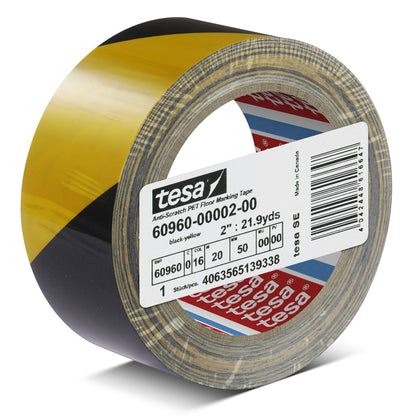 tesa 60960 Scratch-Resistant PET Floor Marking Tape, 20 m x 50 mm, Black and Yellow