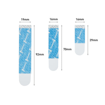 Drei transparente Multipack Command™ Strips von 3M Deutschland GmbH (19x92mm, 16x70mm, 16x29mm) sind mit beschrifteten Maßen und Pfeilen zur Hervorhebung von Breite und Höhe abgebildet - perfekt für die rückstandsfreie Wandmontage.