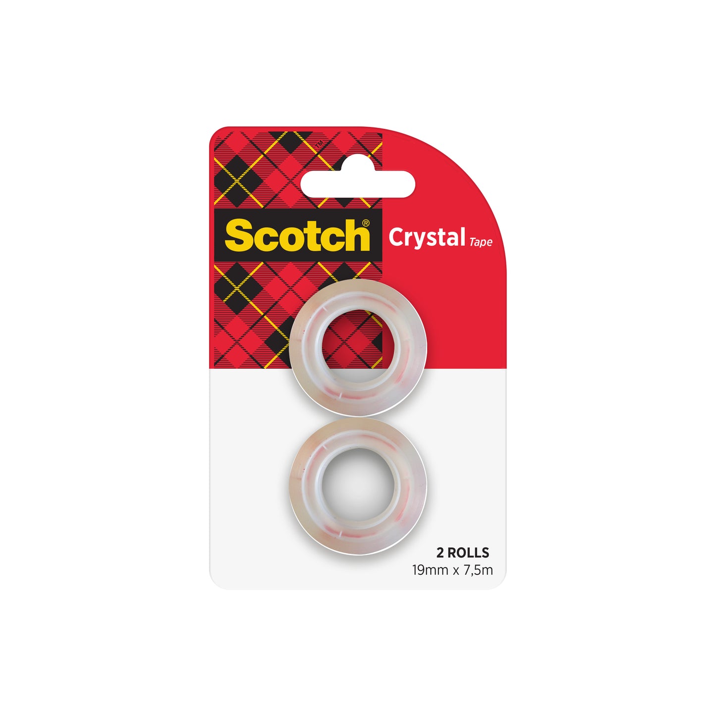 Die 3M Deutschland GmbH Scotch® Crystal Klebeband Nachfüllpackung enthält zwei transparente Rollen (19 mm x 7,5 m) mit rot karierter Verpackung und dem Schriftzug Scotch" in gelb auf schwarz.