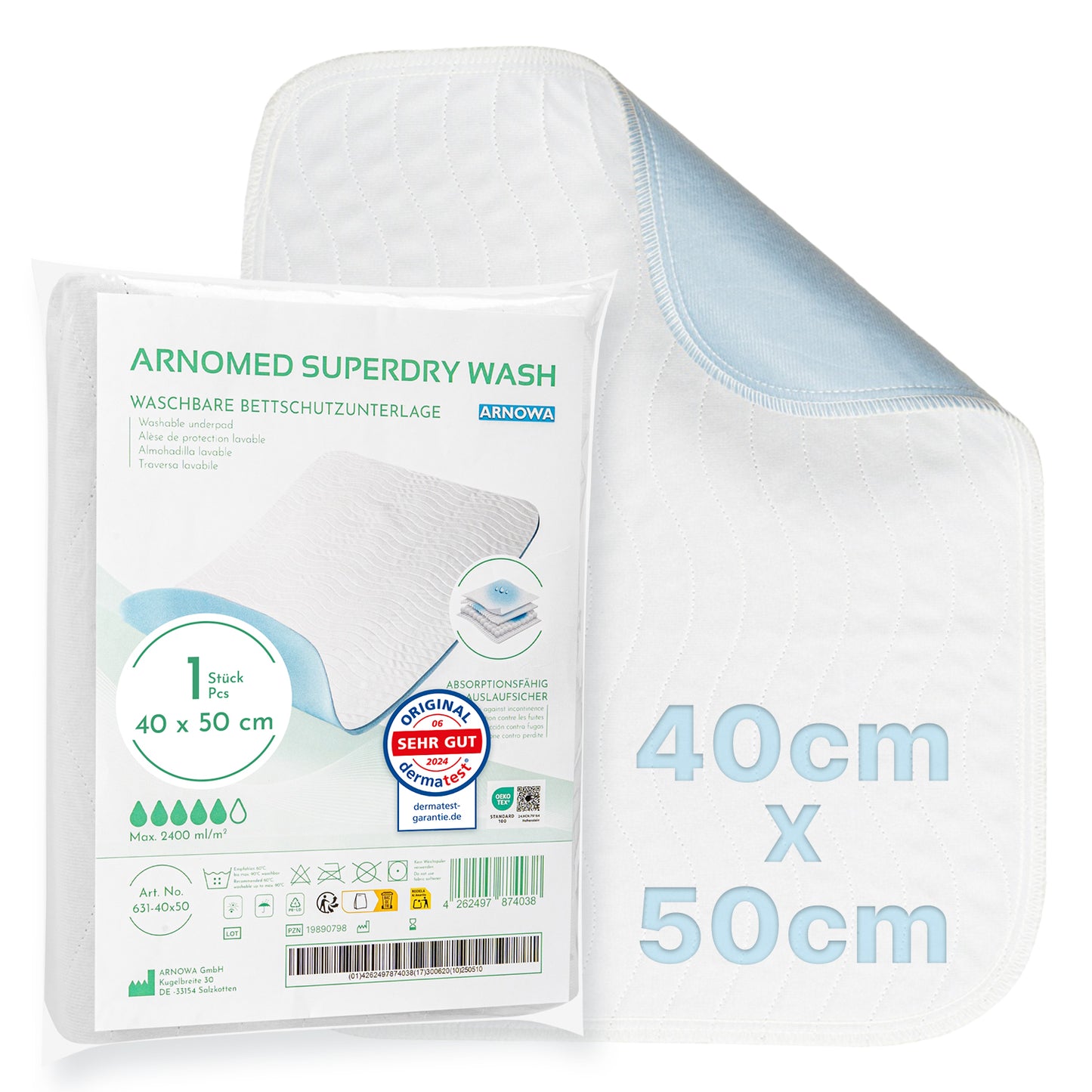 Die ARNOMED SUPERDRY WASH Waschbare Bettschutzunterlage von ARNOWA GmbH, 40x50cm, weiß mit hellblauer Unterseite und Superdry-Technologie. Verpackung mit Produktdetails und Pflegehinweisen auf Deutsch.