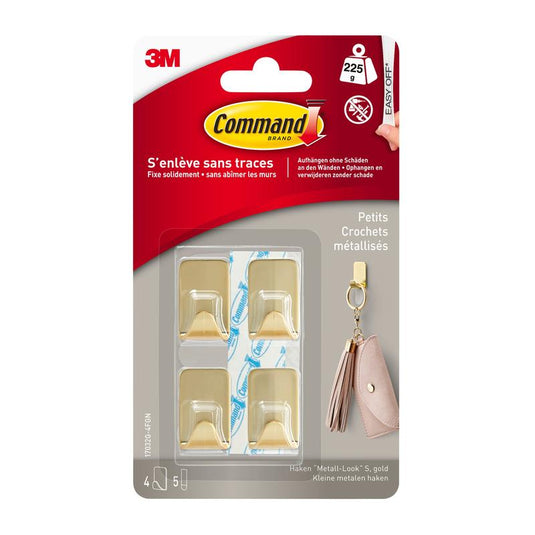 Der Command™ Metallhaken Größe S in Goldfarbe (17032BR-4ES) von 3M Deutschland GmbH enthält 4 Haken und 5 Strips für eine beschädigungsfreie Befestigung - ideal zum Aufhängen von Schlüsselanhängern und mehr.