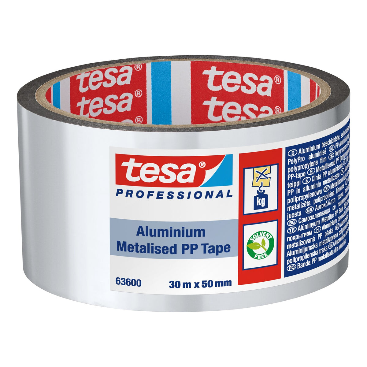 tesa 63600 Aluminum-Coated PP Adhesive Tape, 30 m x 50 mm, aluminum-white