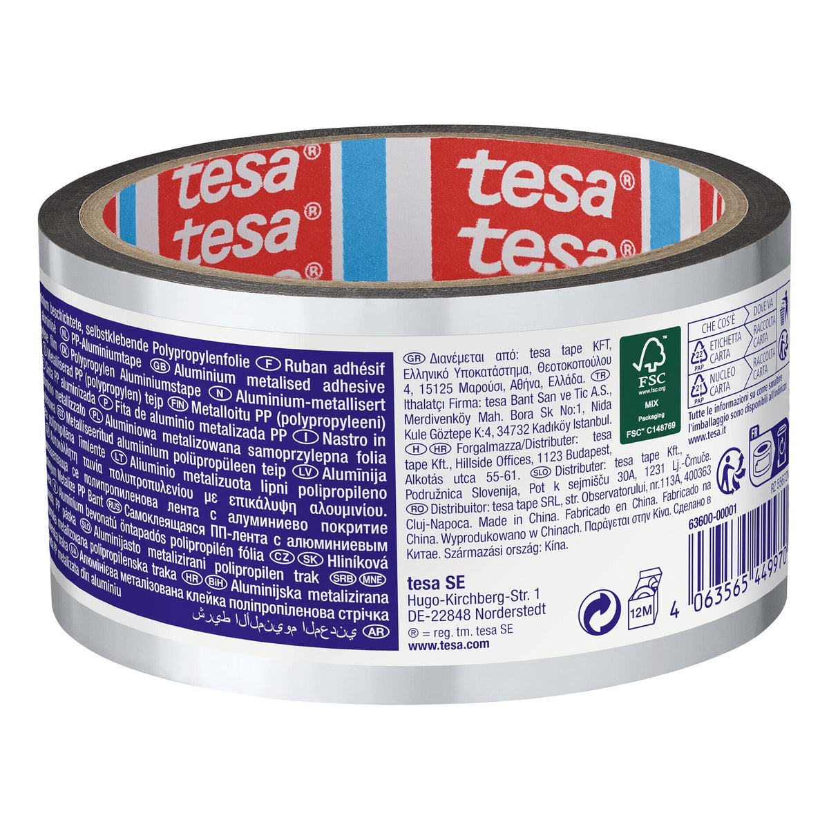 tesa 63600 Aluminum-Coated PP Adhesive Tape, 30 m x 50 mm, aluminum-white