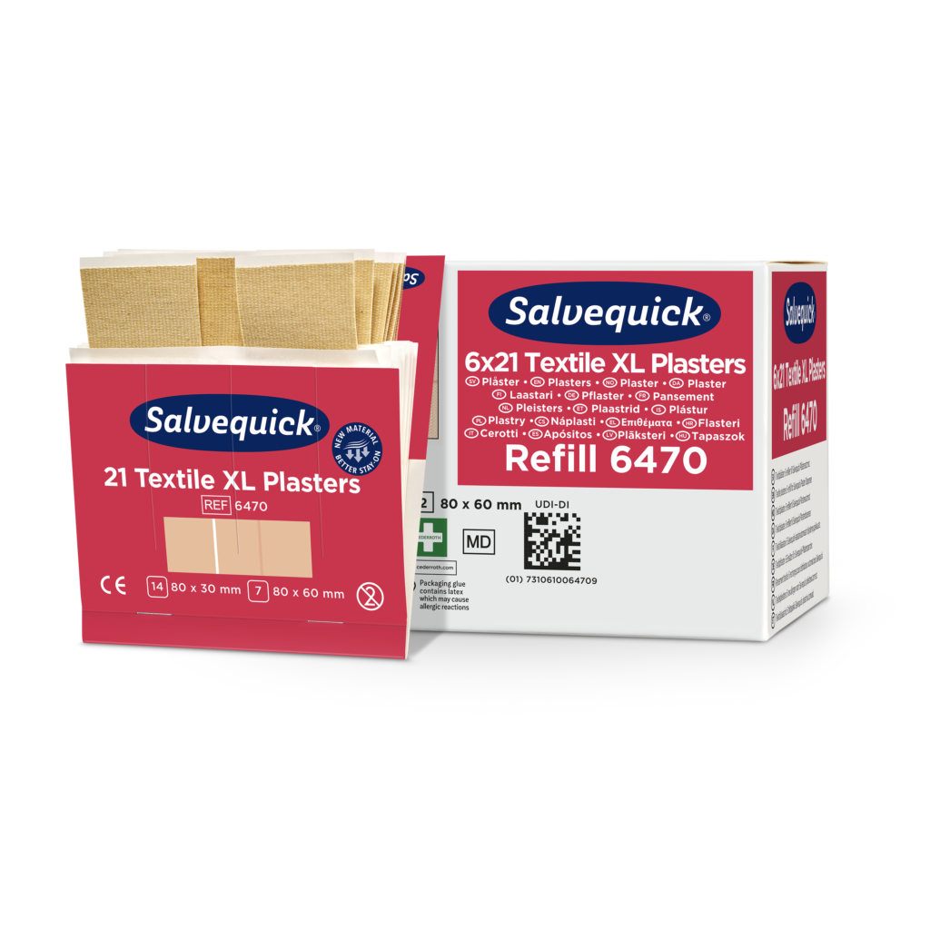 Abgebildet sind zwei Orkla Wound Care AB XL textilgips Boxen (21 Stück/Packung, 6 Stück) - eine offen mit Binden, eine geschlossen. Für kleine Verletzungen; Größen: 80x30 mm, 80x60 mm; Ref: 6470. Stückzahlen: 21/126.