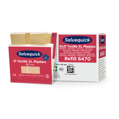 Abgebildet sind zwei Orkla Wound Care AB XL textilgips Boxen (21 Stück/Packung, 6 Stück) - eine offen mit Binden, eine geschlossen. Für kleine Verletzungen; Größen: 80x30 mm, 80x60 mm; Ref: 6470. Stückzahlen: 21/126.