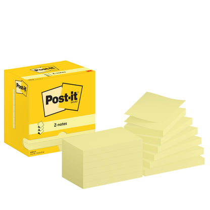 Eine gelbe Schachtel mit der Aufschrift "Post-it® Super Sticky Z-Notes Promotion, 76 mm x 127 mm, 100 Blatt/Block, Kartonverpackung, 100% PEFC" der 3M Deutschland GmbH ist neben zwei ungleichmäßigen Stapeln gelber Z-Notes mit erhabenen Deckblättern auf weißem Hintergrund abgebildet.