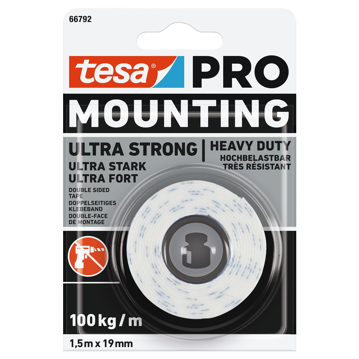 tesa PRO 66792 Mounting Ultra Strong Mounting Tape, White, 1.5 m x 19 mm