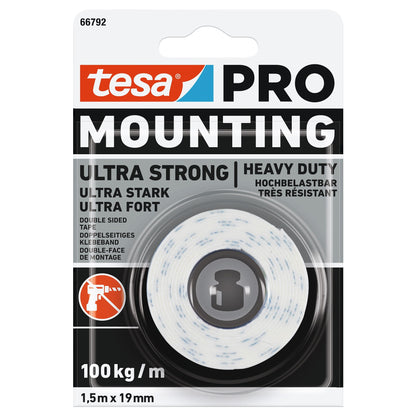 tesa PRO 66792 Mounting Ultra Strong Mounting Tape, White, 1.5 m x 19 mm