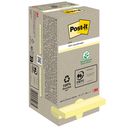 Eine beigefarbene Schachtel Post-it® Recycling Notes (76x76 mm, 100 Blatt, 100% PEFC) der 3M Deutschland GmbH zeigt Produktinformationen, Recycling-Symbole, PEFC-Zertifizierung und das 3M-Logo. Die gelben Haftnotizen sind am Boden teilweise sichtbar.