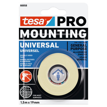 tesa PRO 66958 Mounting Universal Multi-Purpose Mounting Tape, white, 1.5 m x 19 mm