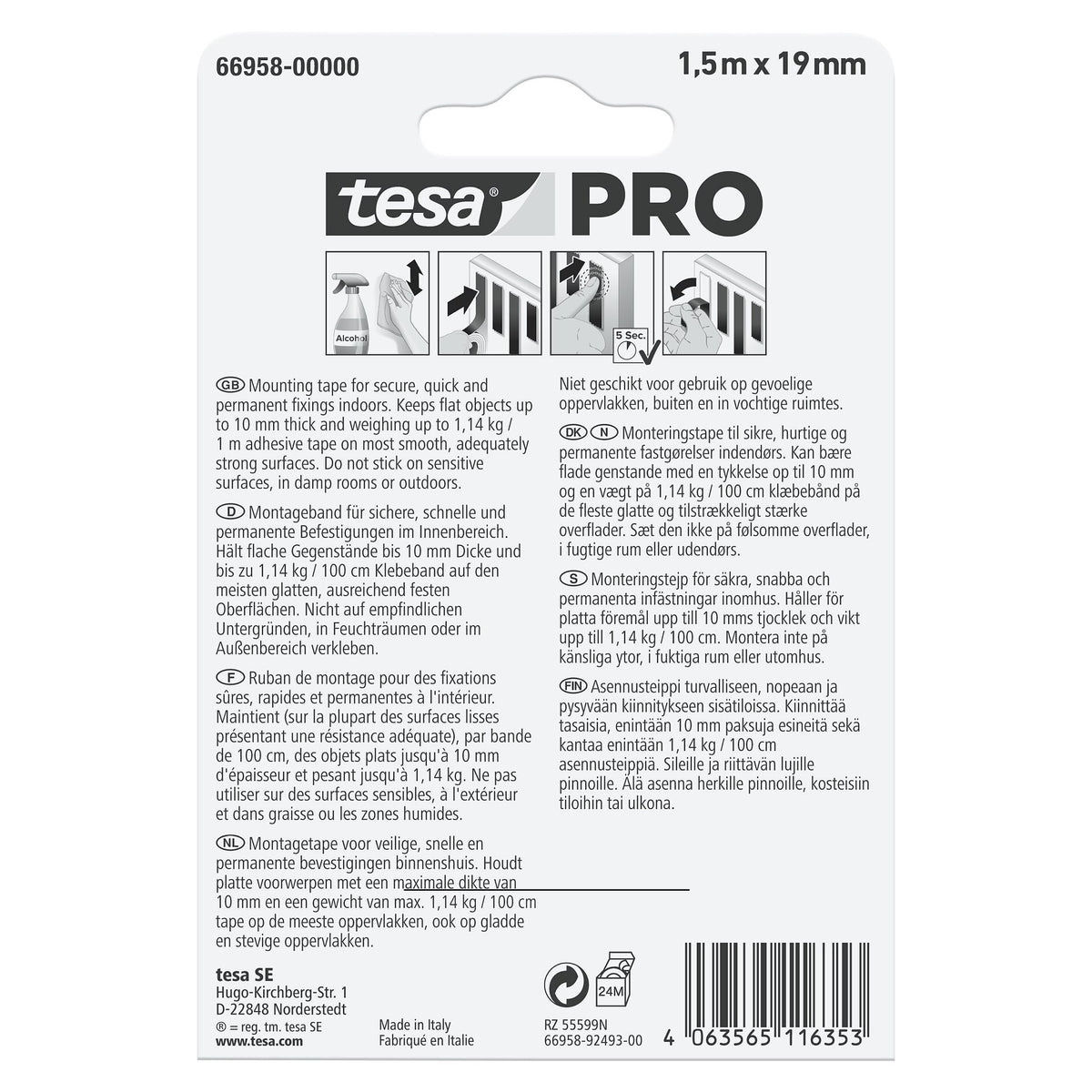tesa PRO 66958 Mounting Universal Multi-Purpose Mounting Tape, white, 1.5 m x 19 mm