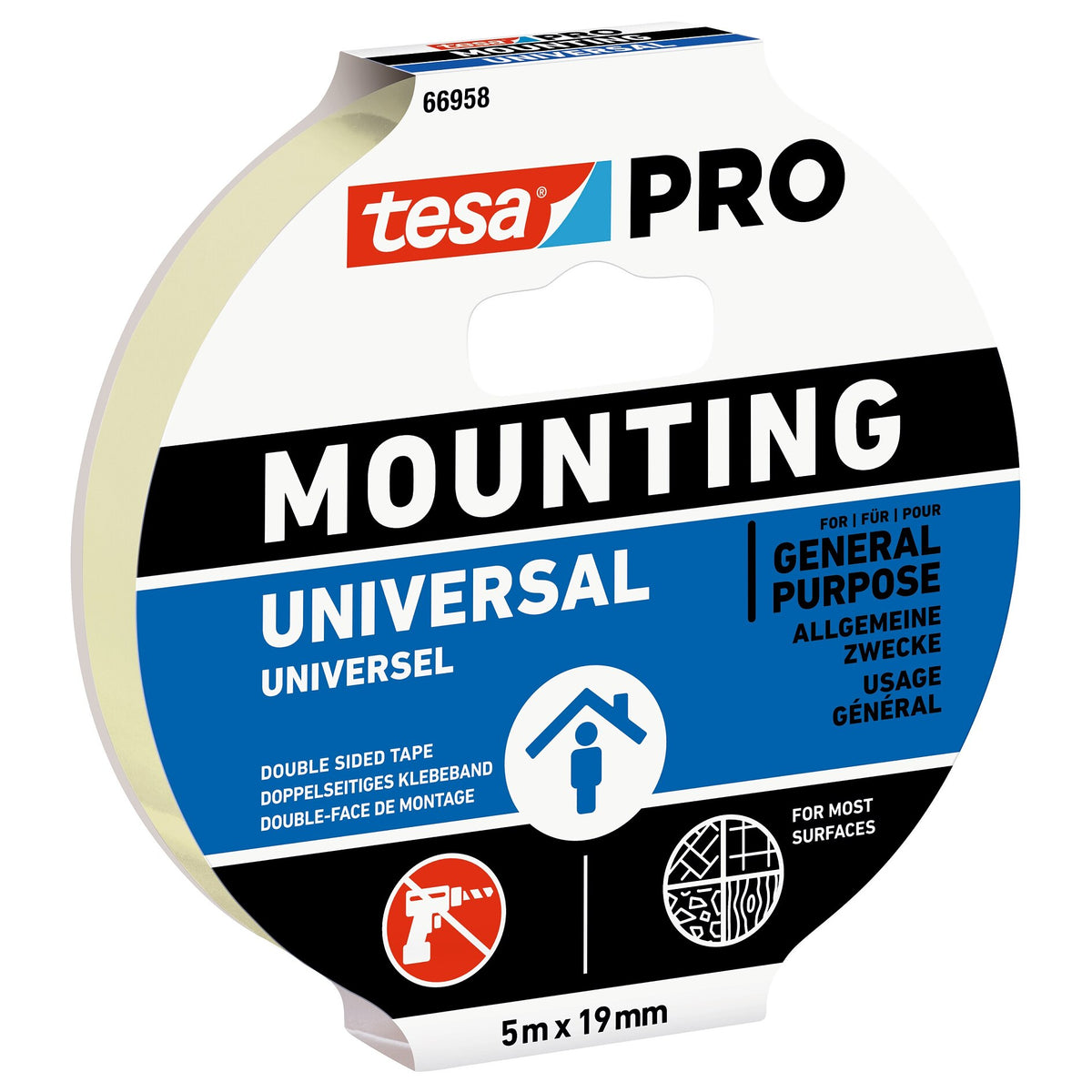 tesa PRO 66958 Mounting Universal Multi-Purpose Mounting Tape, White, 5 m x 19 mm