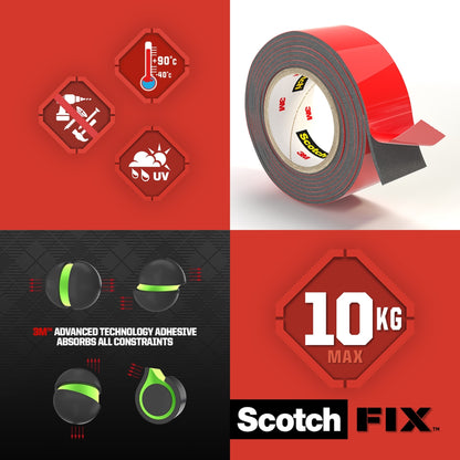 Eine Collage zeigt Symbole für Hitze-, Wasser- und UV-Beständigkeit, eine Rolle Scotch-FIX™ Extreme doppelseitiges Außenmontageband von 3M Deutschland GmbH, ein Klebediagramm und Text: "10 KG MAX" und "Scotch FIX".