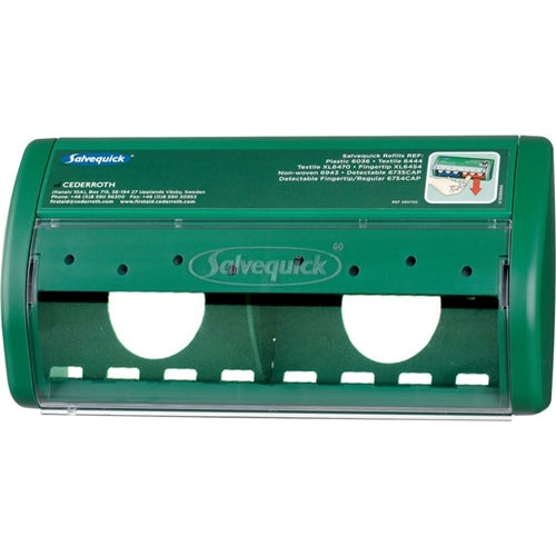 A green Orkla Wound Care AB Salvequick plaster dispenser, empty | Pack (1 piece), features two round openings, a transparent lid, printed instructions on the top right, and visible branding on the front.