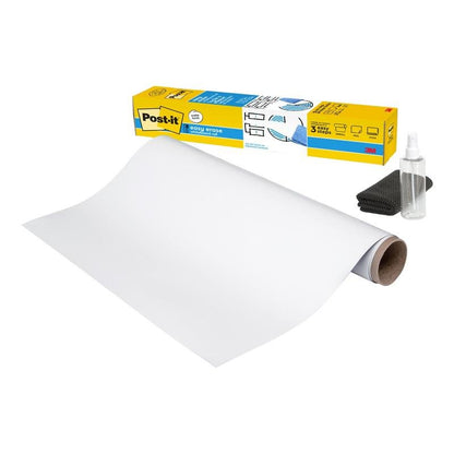 A roll of Post-it® Easy Erase Whiteboard Surface from 3M Deutschland GmbH, next to the yellow-blue packaging, a small spray bottle, and a folded black cloth on a white background.