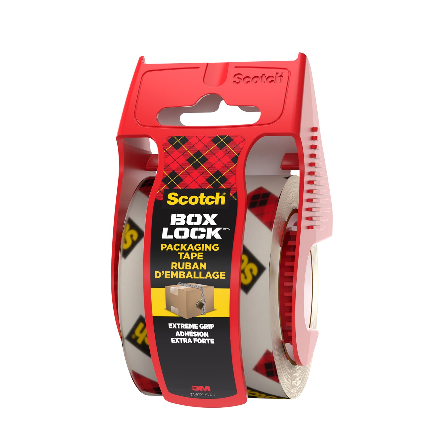 Eine Rolle Scotch® Box Lock™ Verpackungsklebeband 48 mm x 20,3 m der 3M Deutschland GmbH steht aufrecht in einem roten Spender auf weißem Grund, auf dessen Etikett die Marke und das Merkmal "Extreme Grip" angegeben sind.