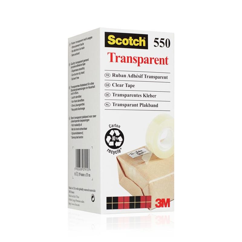 A box of Scotch® Transparent Tape 550 from 3M Deutschland GmbH in white packaging with red and yellow accents shows multilingual information and an image of the tape being used on a package on the front.