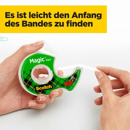 A person uses a Scotch® Magic™ Invisible Tape refill pack (1 roll, 19 mm x 25 m) from 3M Deutschland GmbH and easily finds the tape's end. Text: "It's easy to find the tape's end."