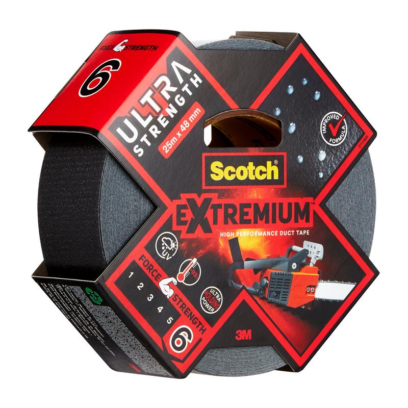 A roll of 3M Scotch® Extremium™ Ultra High Performance Tape DT17 (25 m x 48 mm) in black, packaged by 3M Deutschland GmbH in a red-black hexagonal box with the label Power Level 6 and the image of a chainsaw cutting through the tape.