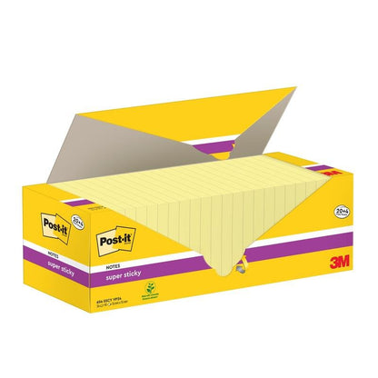 An open yellow box of Post-it® Super Sticky Notes (76x76 mm, 90 sheets/pad, 24 blocks, 100% PEFC) from 3M Deutschland GmbH shows the note blocks inside with the product branding and details on the packaging.