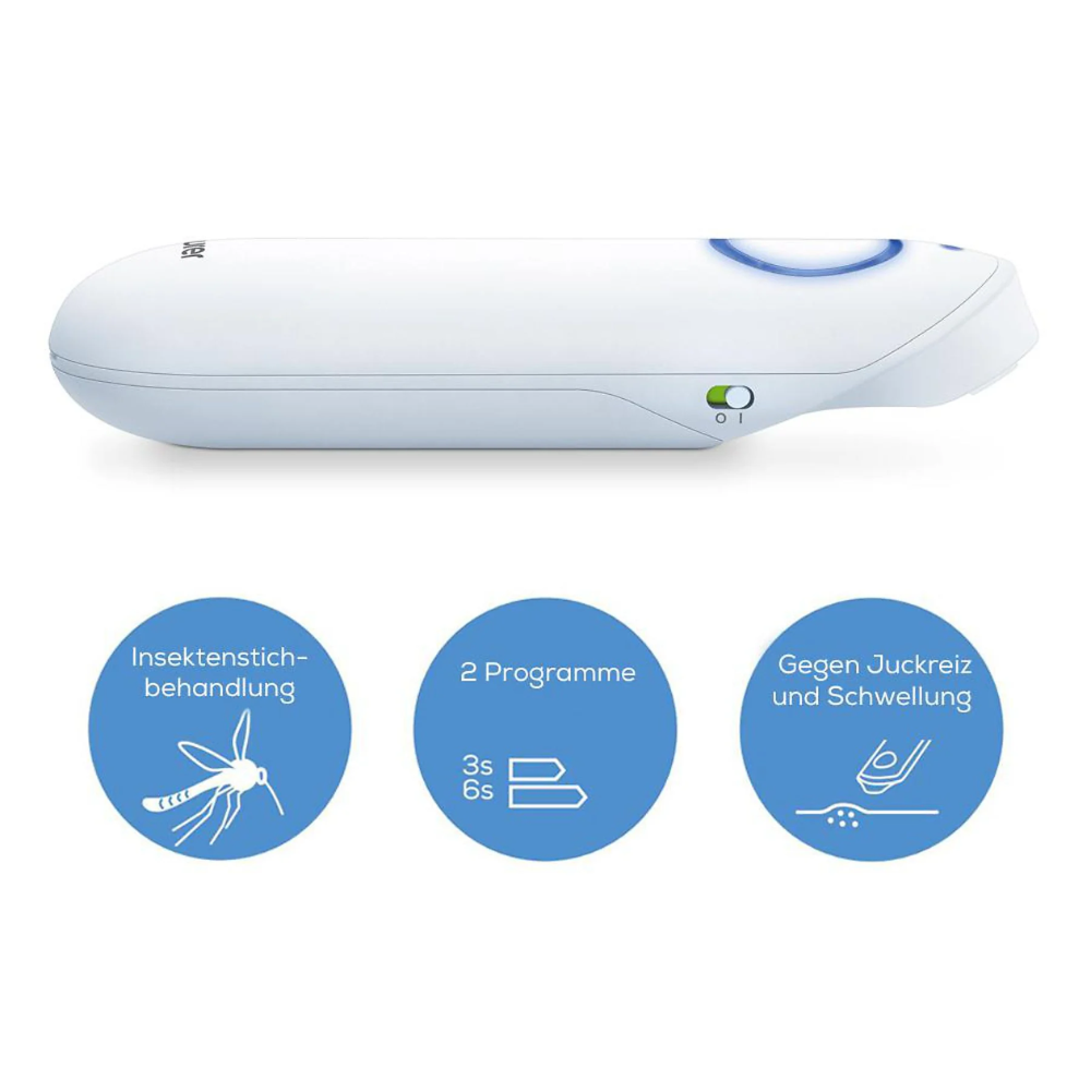 The white, handheld Beurer insect bite healer BR 60 from Beurer GmbH features a button, an indicator light, and icons highlighting the 3s/6s programs for quick relief of itching and swelling from insect bites.
