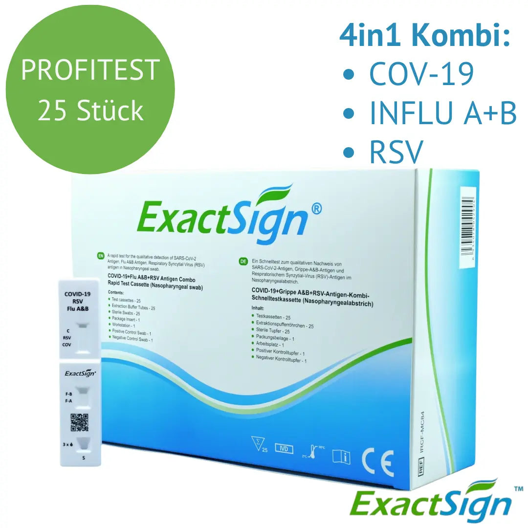 Eine Schachtel mit der Aufschrift "ExactSign 4in1 Antigen Combo Rapid Test" (25 Stück) von ExactSign für COV-19, Influenza A+B und RSV ist auf einer weißen, grünen und blauen Diagnostikverpackung abgebildet.