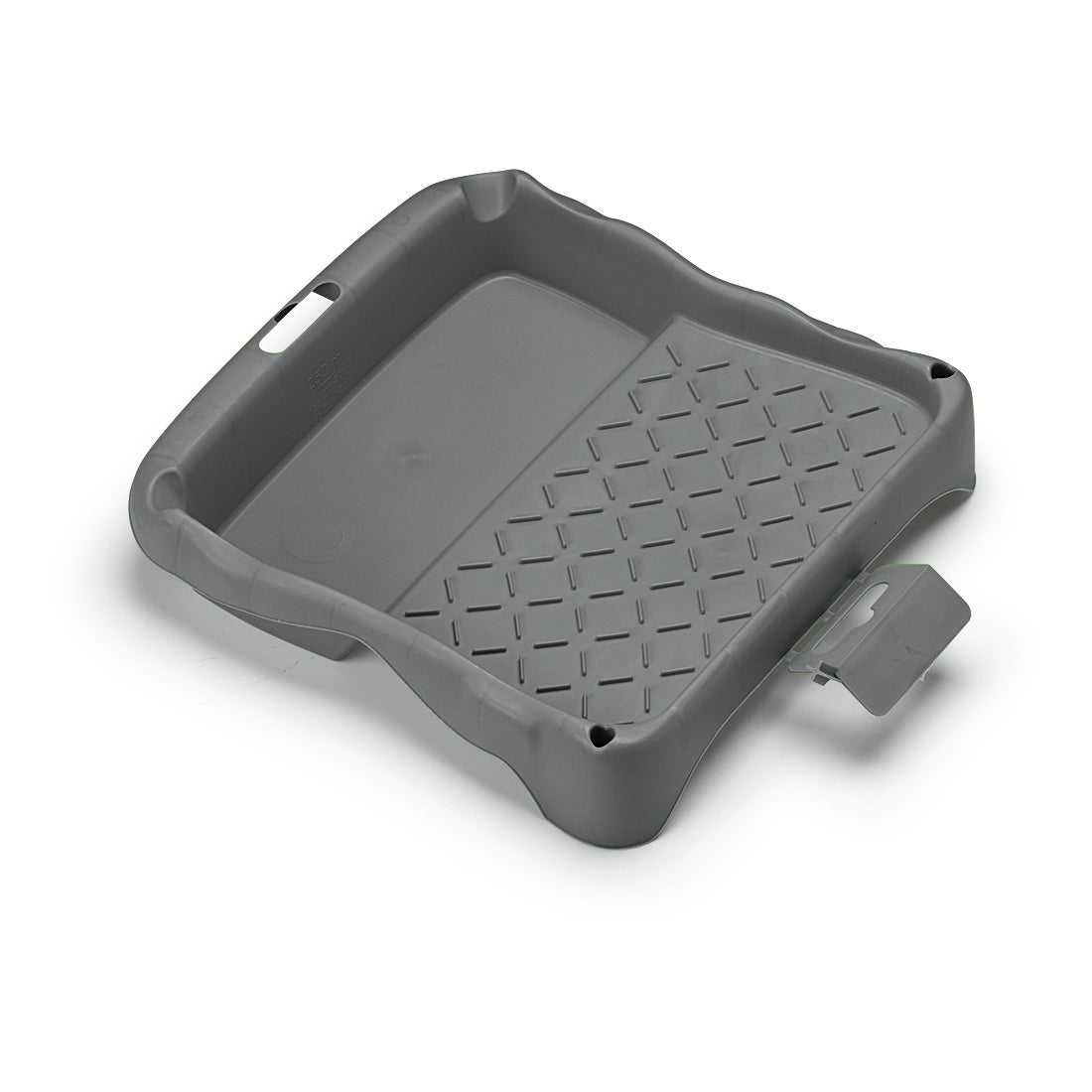 Die Nölle Profi Brush Farbwanne 21 x 22 cm aus Regranulat, ideal für Malerarbeiten, verfügt über ein strukturiertes Gitter für Rollen und ein Farbfach. Abgebildet auf weißem Hintergrund. Marke: Nölle Profi Pinsel Bürsten- & Pinseltechnik e.K.