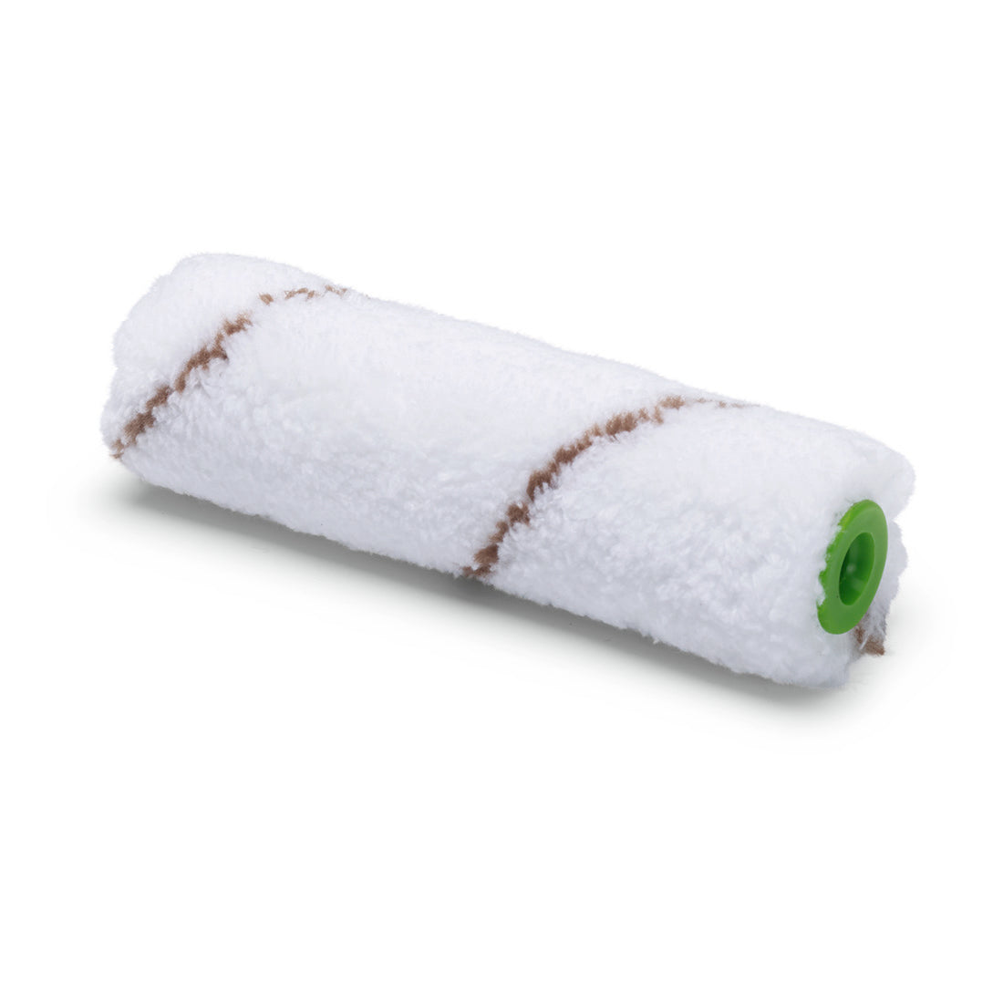 Eine Nölle Profi Brush Microfaser Kleinflächenwalze 10 cm, 9 mm Florhöhe von Nölle Profi Brush Bürsten- & Pinseltechnik e.K., ideal für die Kleinflächenmalerei, mit zwei braunen Streifen und grünem Ende, auf weißem Grund.