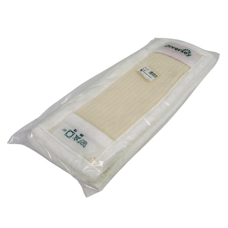 Packaged TASKI Multimop Combi 40 by Diversey Deutschland GmbH & Co. OHG, featuring white-beige fabric, microfiber edges on the outside, a cotton-polyester blend on the inside, and loop tufting for dirt absorption and glide—1 piece per package, with care symbols and a product label.