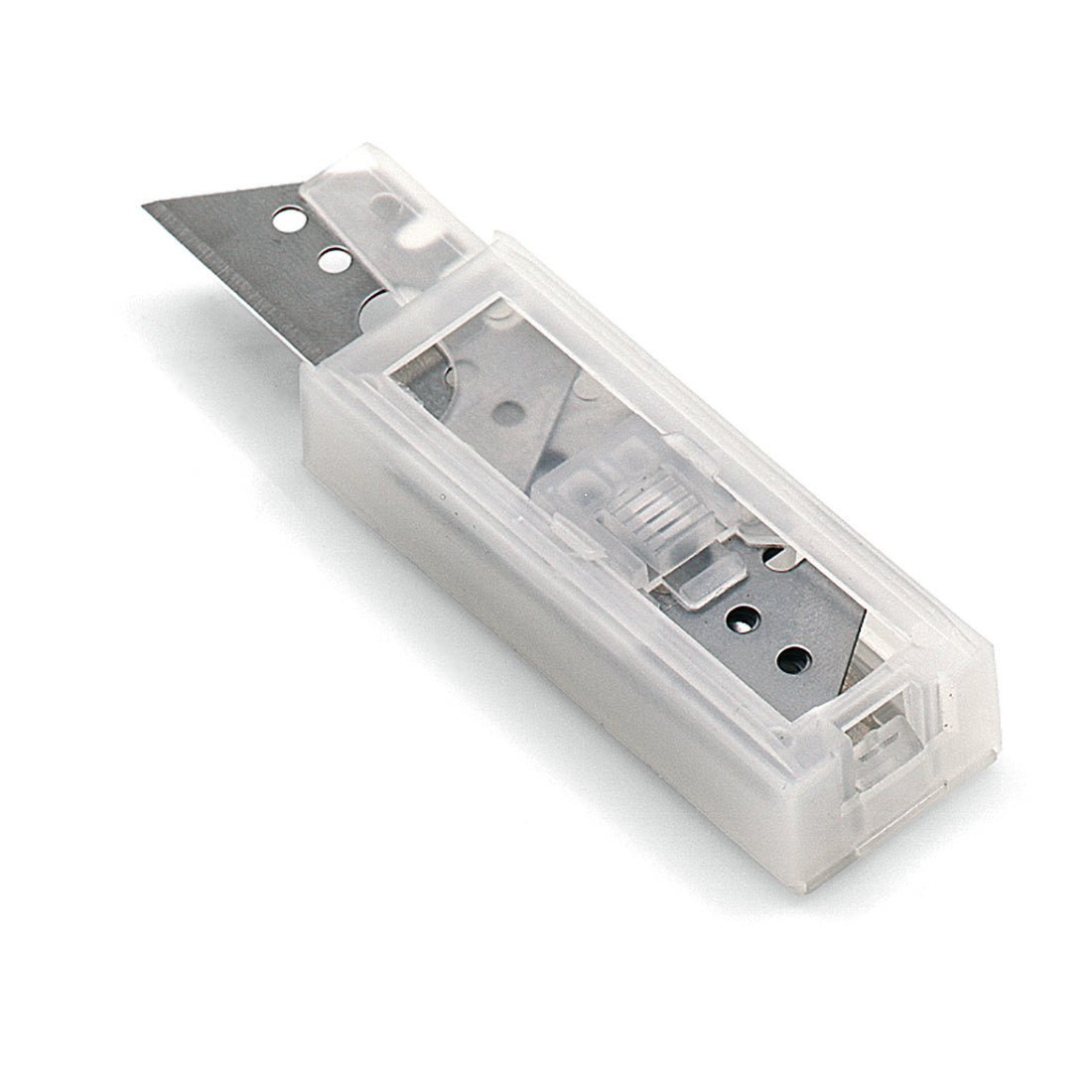 The Nölle Profi Brush Trapezoid Dispenser with 10 replacement blades for precision (1 piece) from Nölle Profi Brush Bürsten- & Pinseltechnik e.K. features a transparent casing with a partially extended triangular blade for precise cutting.