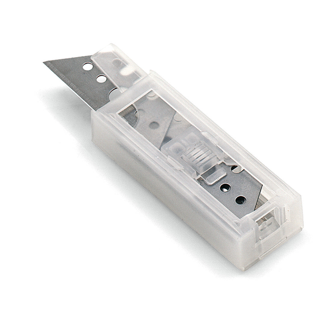 Der Nölle Profi Brush Trapez Dispenser mit 10 Ersatzklingen für Präzision (1 Stück) von Nölle Profi Brush Bürsten- & Pinseltechnik e.K. verfügt über ein durchsichtiges Gehäuse mit einer teilweise ausgefahrenen Dreikantklinge für präzises Schneiden.