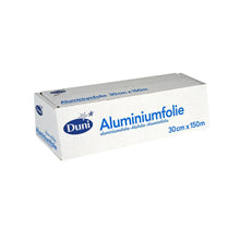 A rectangular silver aluminum foil dispenser box from Duni GmbH, blue labeled with "Aluminum Foil", 30 cm x 150 m, ideal for heat-resistant food packaging.