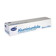 The Duni GmbH aluminum foil, dispenser box Silver ALU is a rectangular silver roll, labeled with "Aluminum Foil", heat-resistant and ideal for food packaging, with dimensions of 45 cm x 150 m.