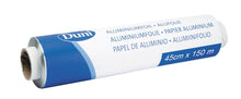 The aluminum foil, refill roll Silver ALU from Duni GmbH comes in blue and white packaging, is labeled in multiple languages, and measures 45 cm x 150 m - perfect for any kitchen.