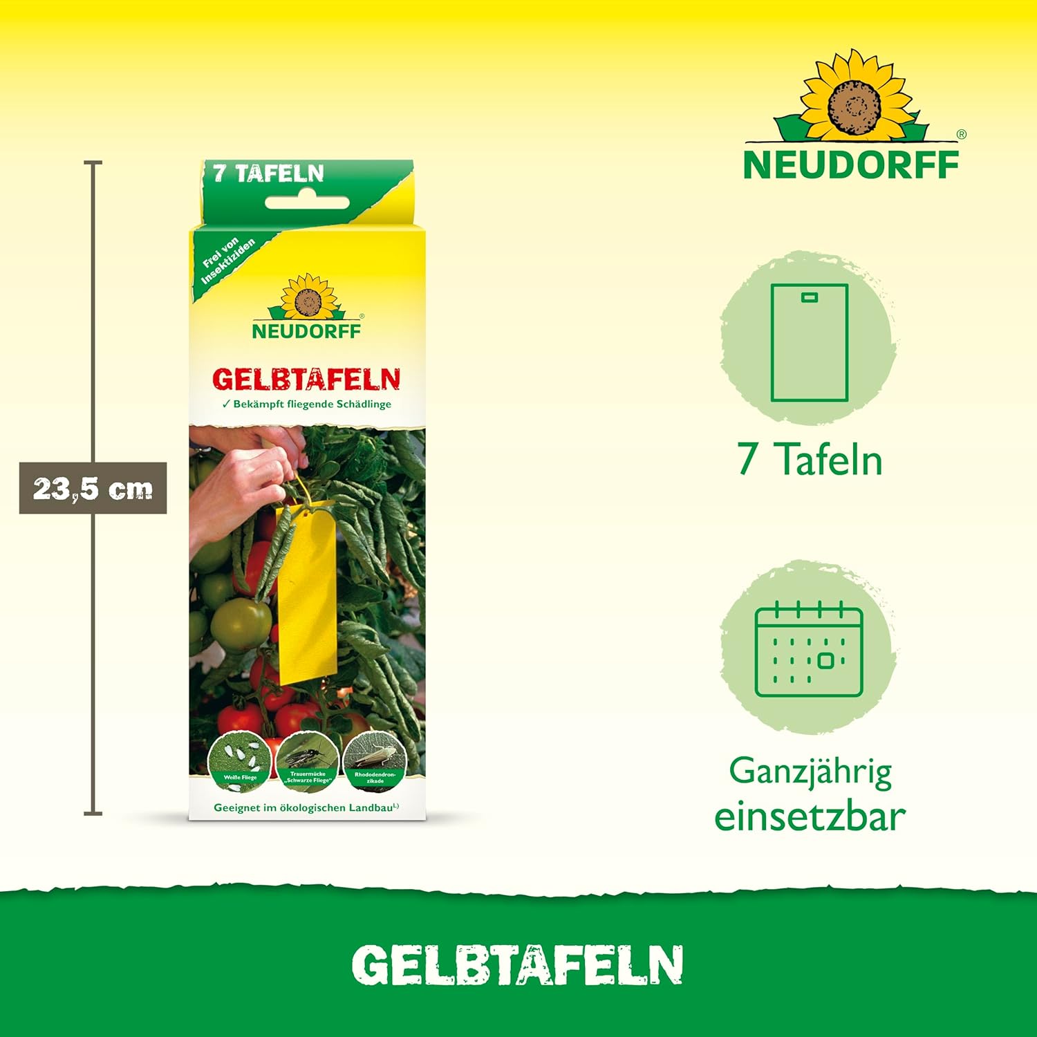 Die Verpackung von Neudorff Shop Gelbtafeln (kleinformatig) zeigt 7 gelbe Klebefallen (23,5 cm hoch) zur Insektenbekämpfung, wirksam gegen geflügelte Blattläuse und Weiße Fliegen, mit Piktogrammen/Text, der auf die ganzjährige Verwendung hinweist.