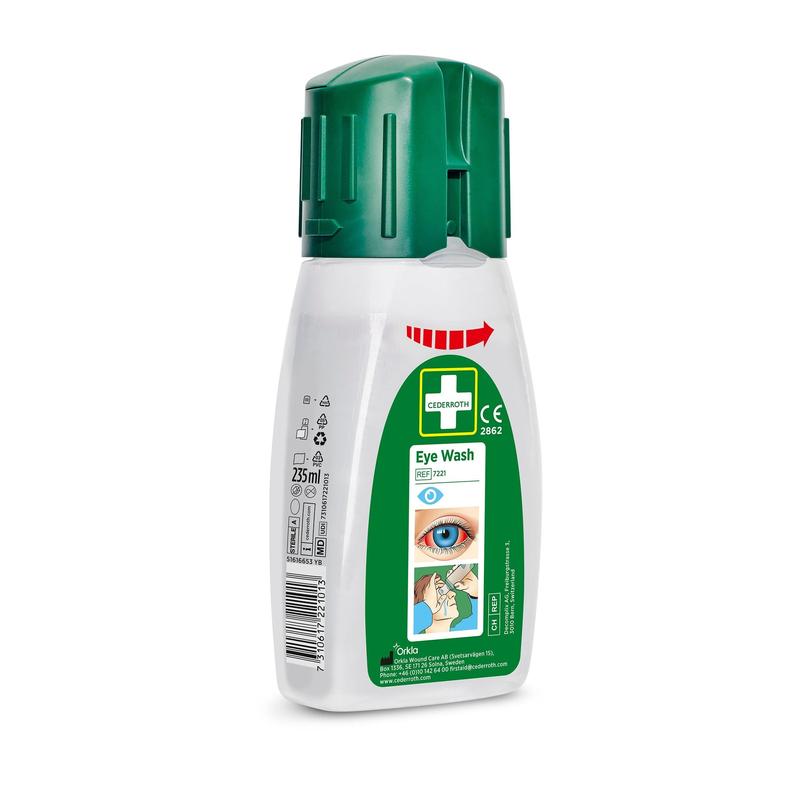 Eine weiße Kunststoffflasche Orkla Wound Care AB Cederroth Augenspülung, Taschenmodell 235 ml (Packung 235 Stück), mit grüner Kappe und Etikett mit Informationen zur Augenpflege und Anwendungssymbolen - ideal als tragbare Augenspülung.