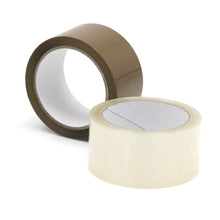 Zwei Rollen Nölle Profi Brush Packband von Nölle Profi Brush Bürsten- & Pinseltechnik e.K. - eine braune und eine durchsichtige - sind auf weißem Hintergrund abgebildet, jeweils teilweise aufgerollt, um die Klebeseite zum einfachen Verpacken zu zeigen.