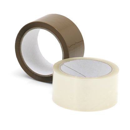 Zwei Rollen Nölle Profi Brush Packband von Nölle Profi Brush Bürsten- & Pinseltechnik e.K. - eine braune und eine durchsichtige - sind auf weißem Hintergrund abgebildet, jeweils teilweise aufgerollt, um die Klebeseite zum einfachen Verpacken zu zeigen.