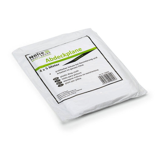 The Nölle Profi Brush Universal 4 m Drop Cloth from Nölle Profi Brush Bürsten- & Pinseltechnik e.K. is a folded white plastic sheet packaged in a box labeled "Drop Cloth"—perfect for renovations or as an essential painting accessory, complete with German details and tips.