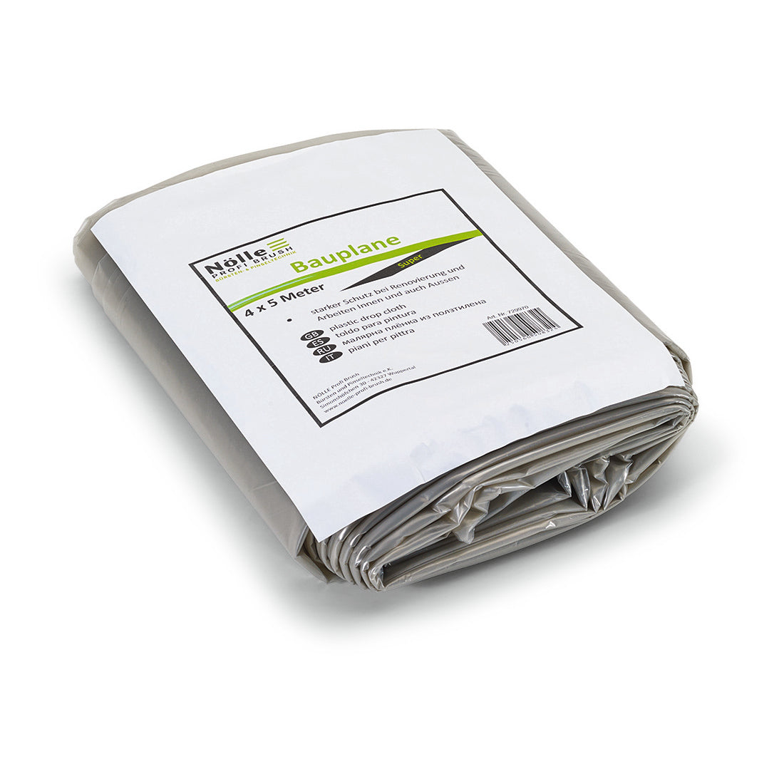 Eine gefaltete graue Nölle Profi Brush Bauplane 4x5 m, 75 my, mit einem stabilen weißen Etikett mit der Aufschrift "4x5 m" und der Produktinformation sowie dem Barcode von Nölle Profi Brush Bürsten- & Pinseltechnik e.K., auf weißem Hintergrund.