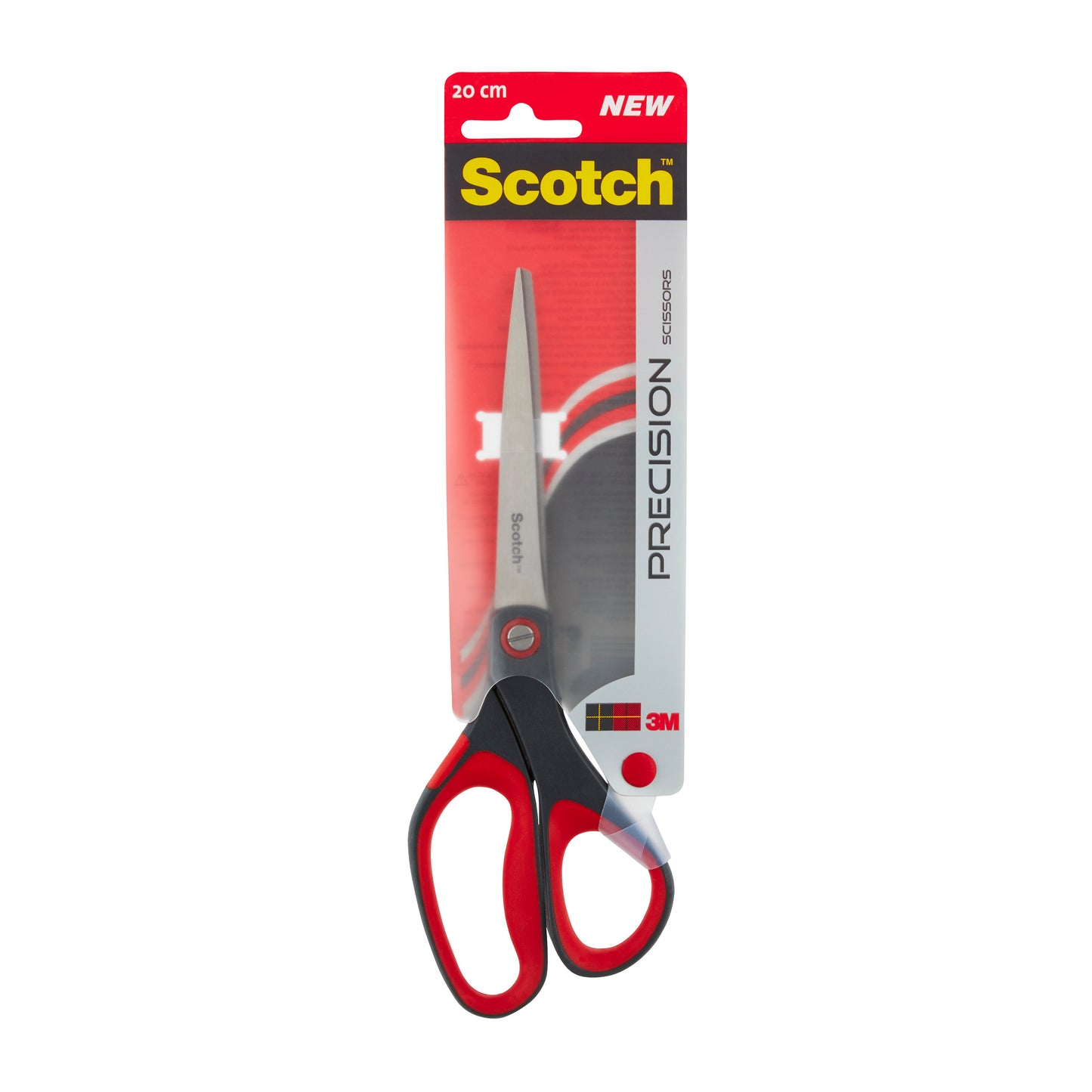Ein Paar Scotch™ Präzisionsschere rot von 3M Deutschland GmbH in Originalverpackung, mit rotem und schwarzem Griff und 20 cm Klinge aus rostfreiem Stahl. Die Verpackung zeigt Scotch und 3M Logos.