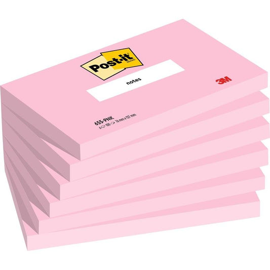 Ein Stapel von sechs rosafarbenen Post-it® Notizzetteln (76 x 127 mm, 100 Blatt/Block, 100% PEFC) der 3M Deutschland GmbH, wobei jeder Block oben das "Post-it"-Logo und unten rechts den Schriftzug "3M" trägt.