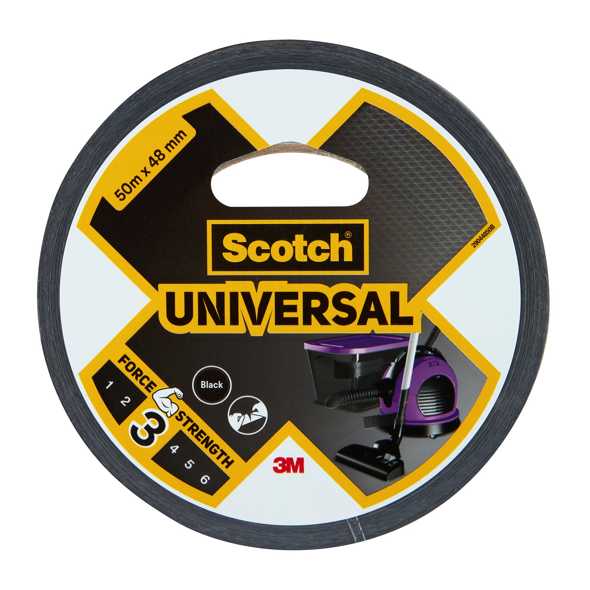 Eine Rolle Scotch® Universal Klebeband 2904 von 3M Deutschland GmbH, 50 m x 48 mm, schwarz. Die Verpackung zeigt eine Kraftstärke von 3/6 und zeigt Bilder eines Staubsaugers und anderer Geräte.