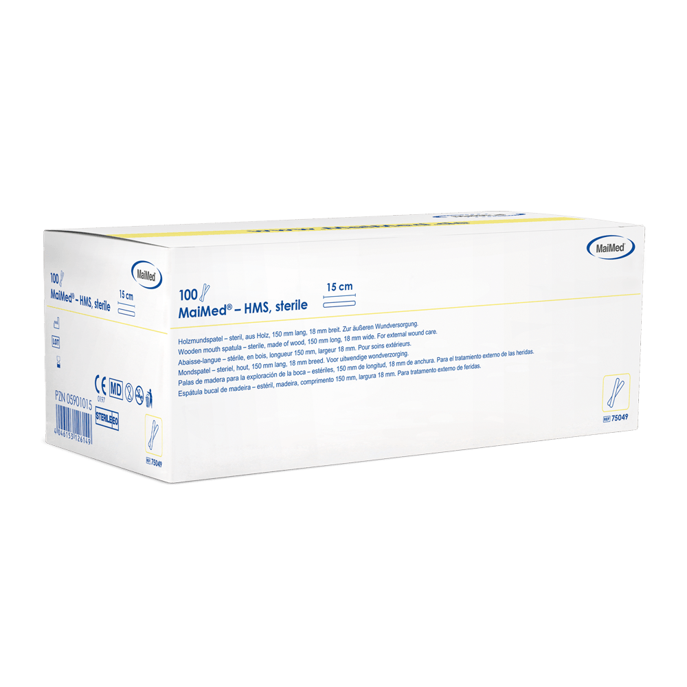 MaiMed - HMS sterile wooden mouth depressor, 15cm long, 100x1 pcs. sterile packed | Box (100 pieces)