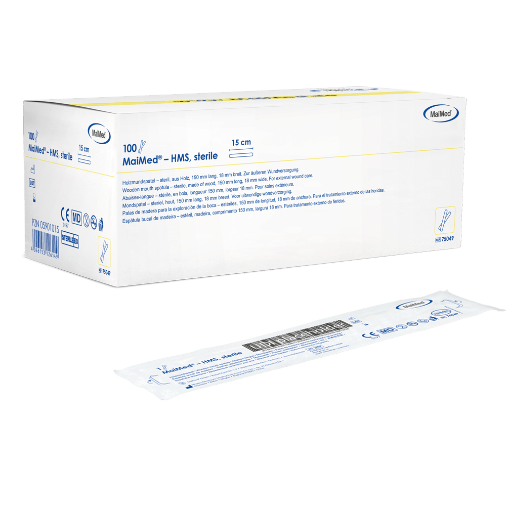 MaiMed - HMS sterile wooden mouth depressor, 15cm long, 100x1 pcs. sterile packed | Box (100 pieces)