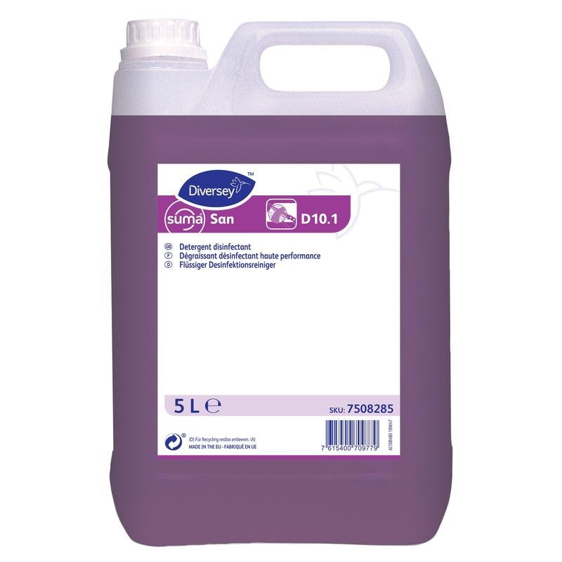 Ein 5-Liter-Kanister des Suma San D10.1 Desinfektionsreinigers von Diversey Deutschland GmbH & Co. OHG, mit violetter Flüssigkeit und mehrsprachigem weißen Etikett - ideal für die Hygiene im Gesundheitswesen.